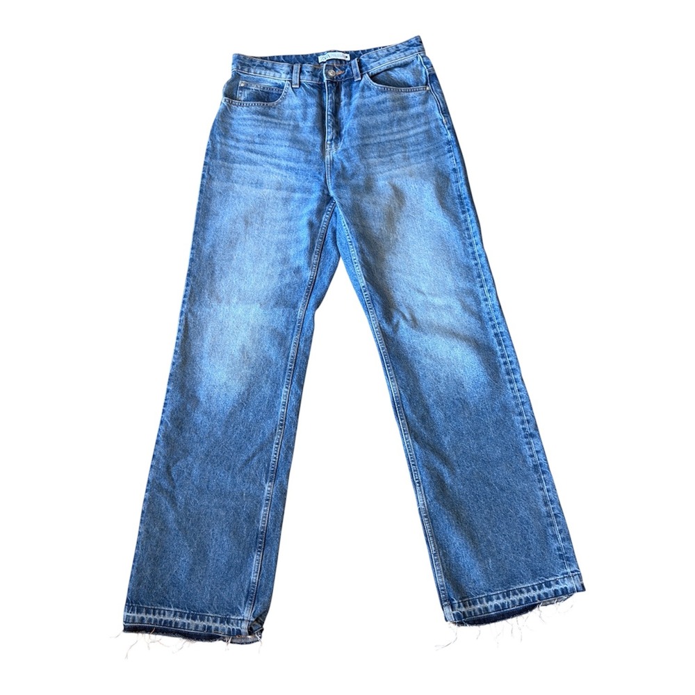 Zara Womens High Rise Wide Leg Jeans Blue Medium Wash Raw Hem Size 8 8228/221